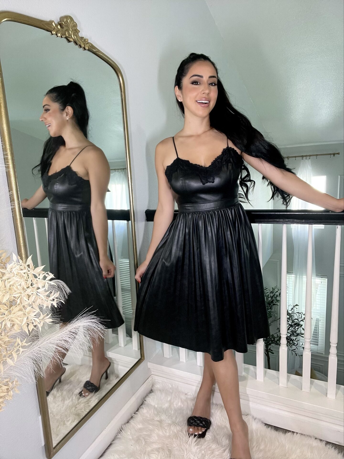 petite woman in a Faux Leather Lace Trim Pleated Dress