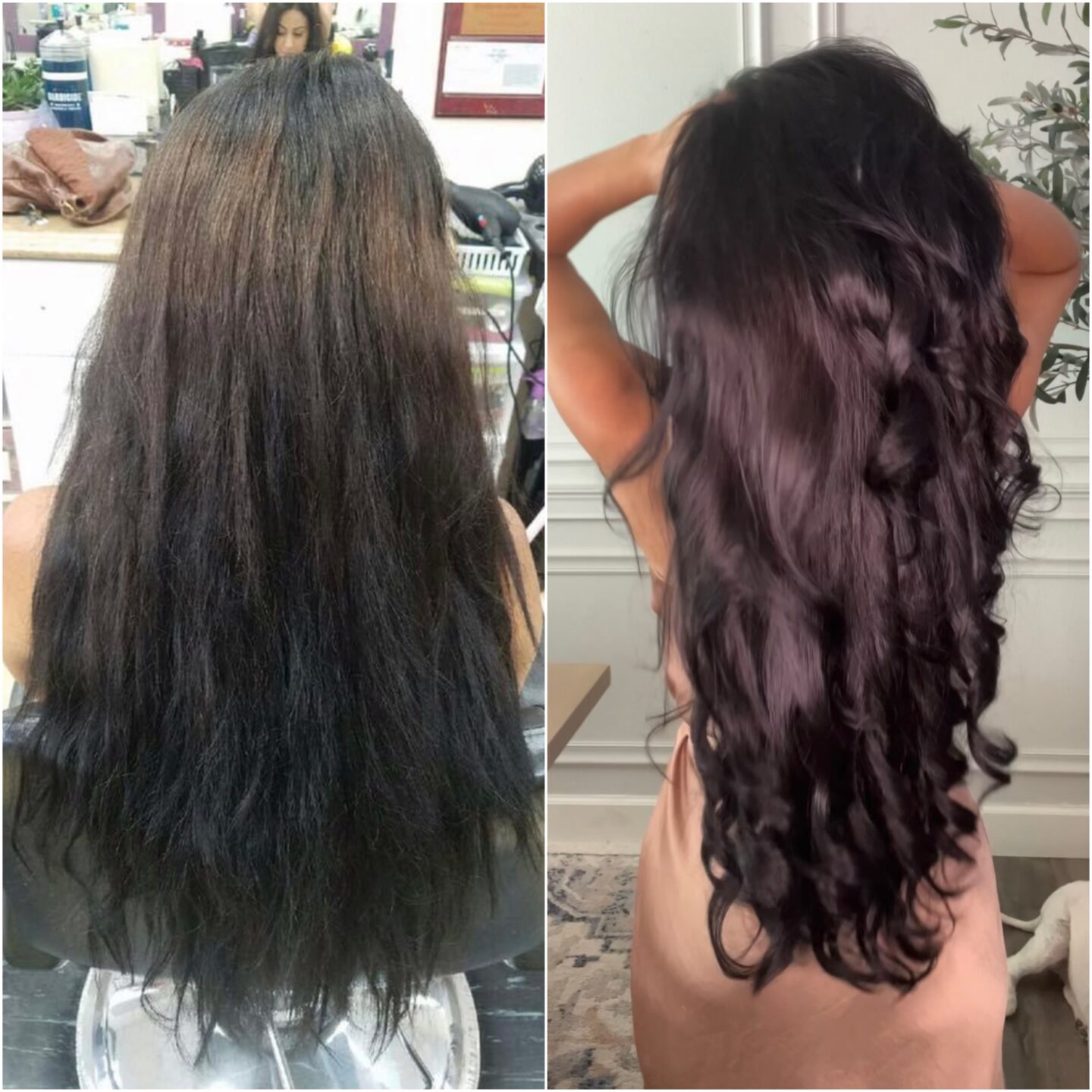 woman with long hair comparing the before and after dramatic transformation