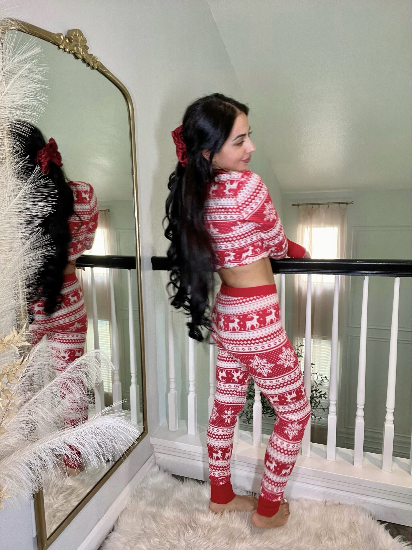 woman in christmas matching Printed Thermal-Knit Pajama Leggings and top